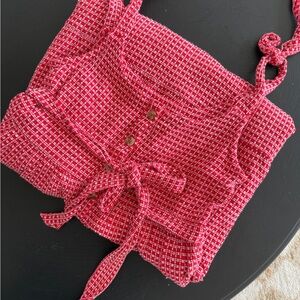 Little Cottonwood red/white plaid maxi dress with Tie Detail and side pockets.